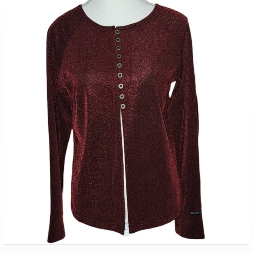 Harley-Davidson Womens Y2K Red Shimmer Button Front Slit Top Made USA Sz M - Picture 16 of 16